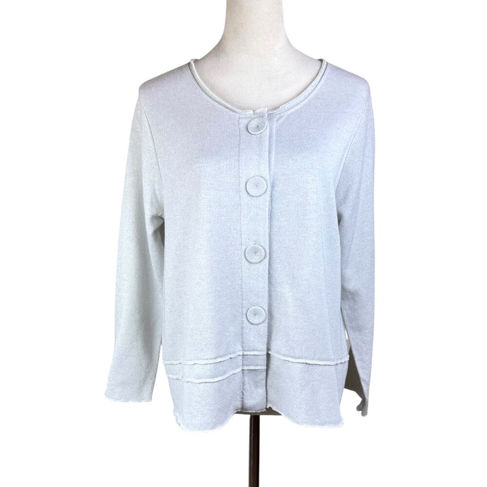 Habitat Light Gray Terry Silver Sparkle Button Raw Edge Cardigan Sweater Top